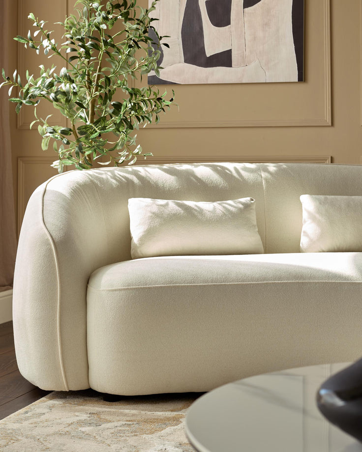 A modern curved sofa with scatter cushions, complemented by a stylish coffee table and understated decor.