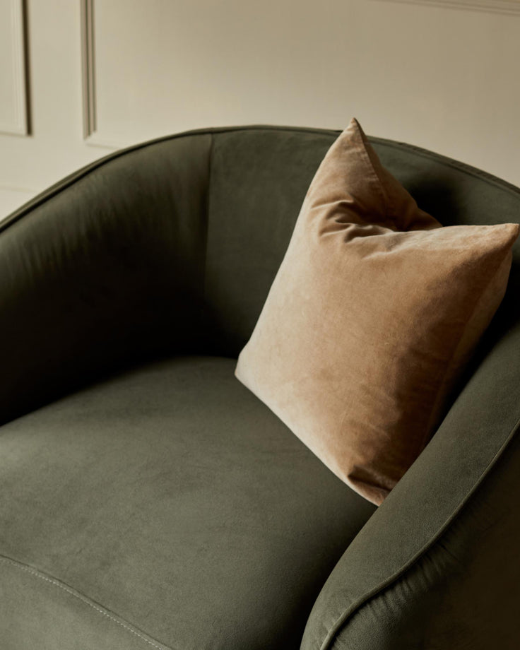 Close-up of a green velvet armchair, featuring a plush brown velvet cushion. Elegant, modern design for a living space.