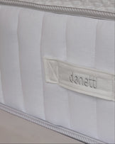 A plush mattress with a quilted top, paired with two soft pillows, set against a stylish upholstered headboard.