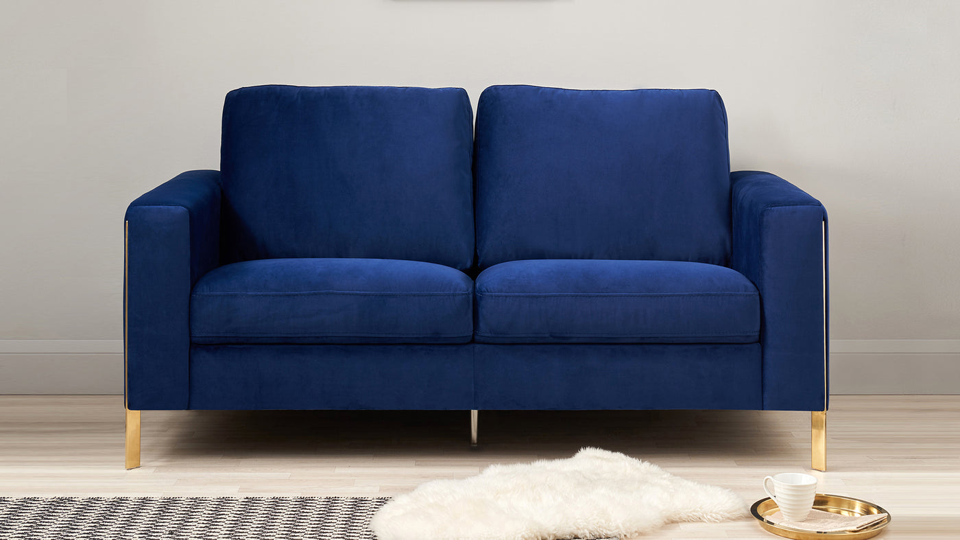 Effie Dark Blue Velvet With Polished Brass 2 Seater Sofa