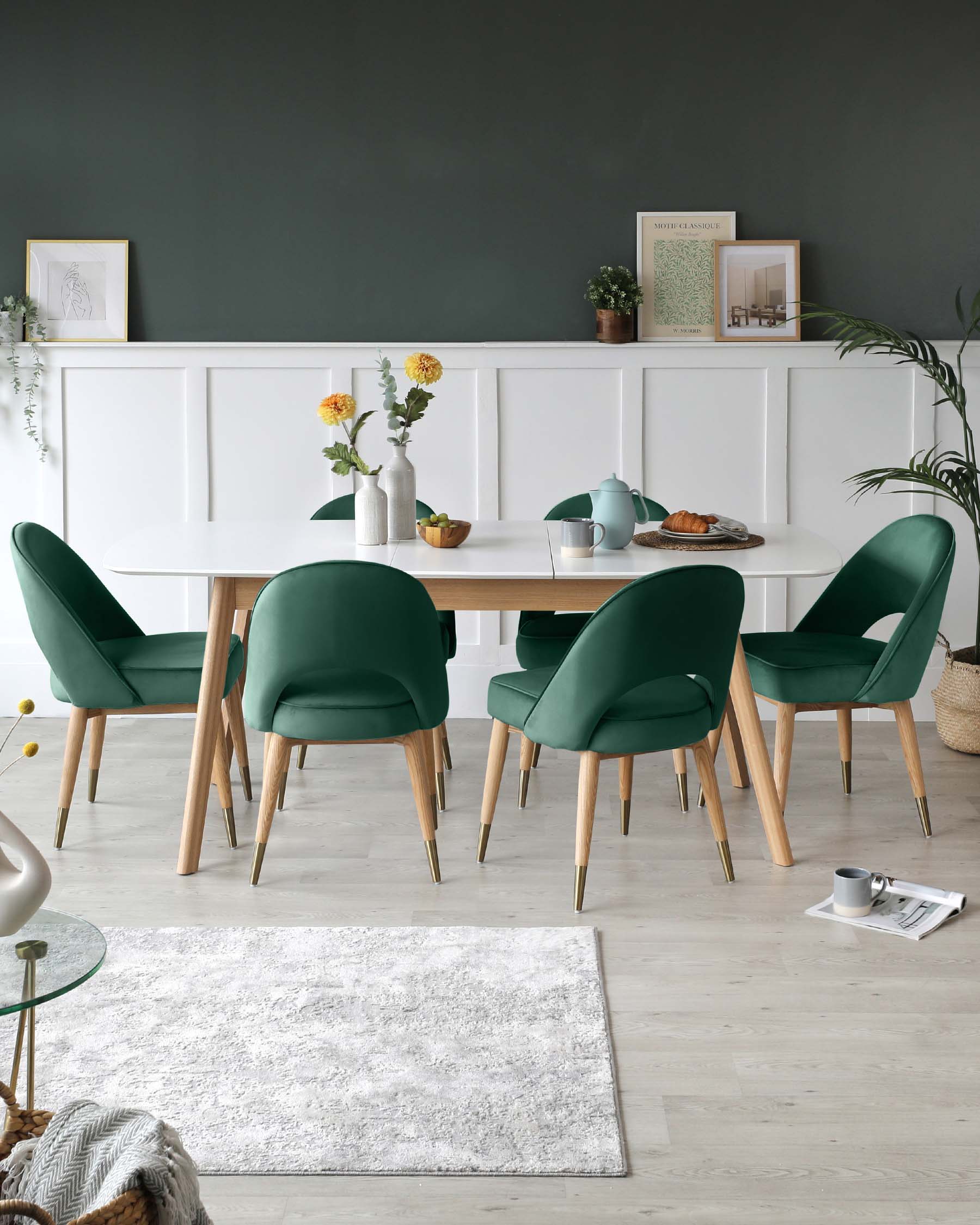 Aver White And Oak Dining Table And Clover Dark Green Velvet Dining Set