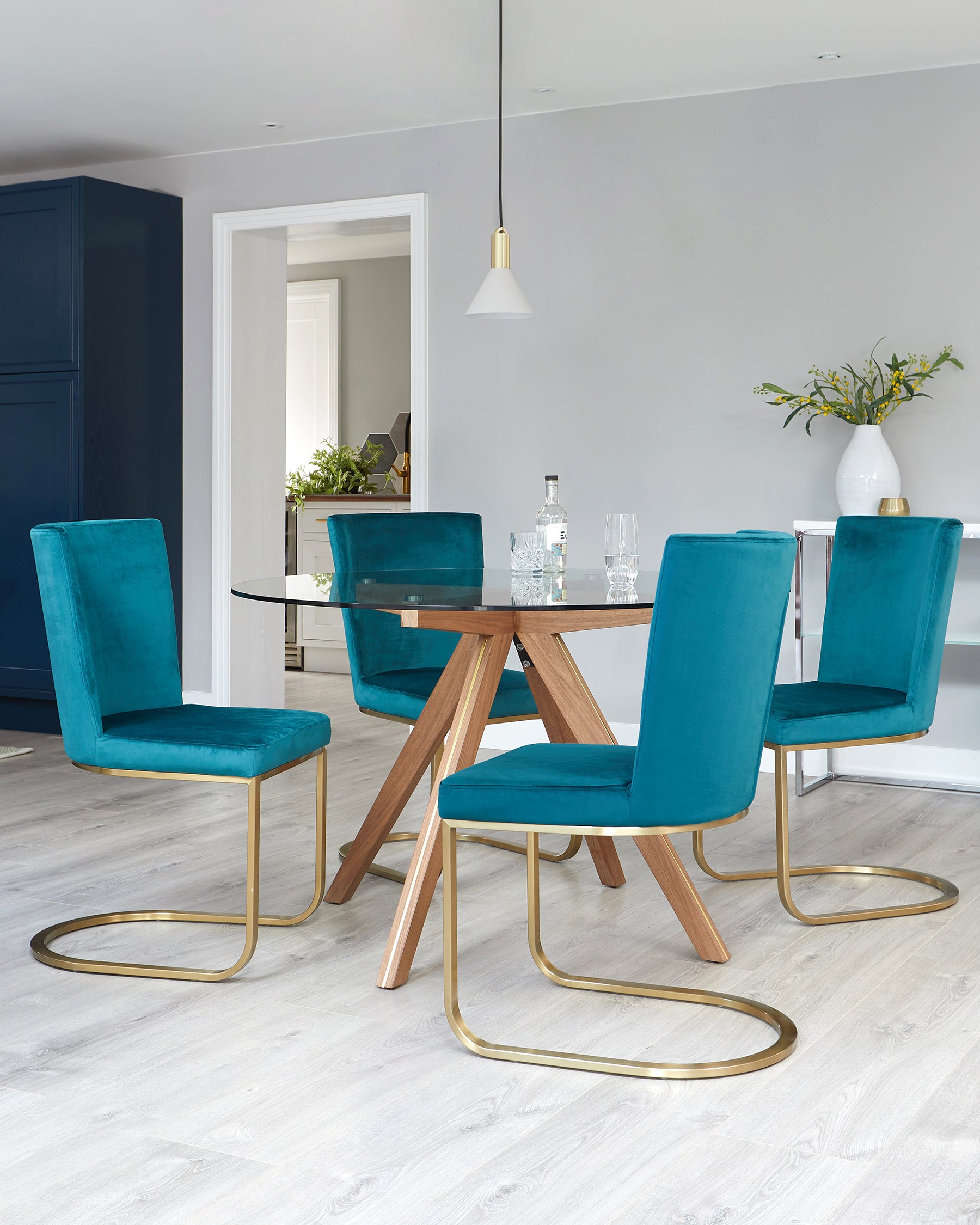 Valencia Clear Glass And Walnut With Form Teal Velvet 4 Seater Dining Set