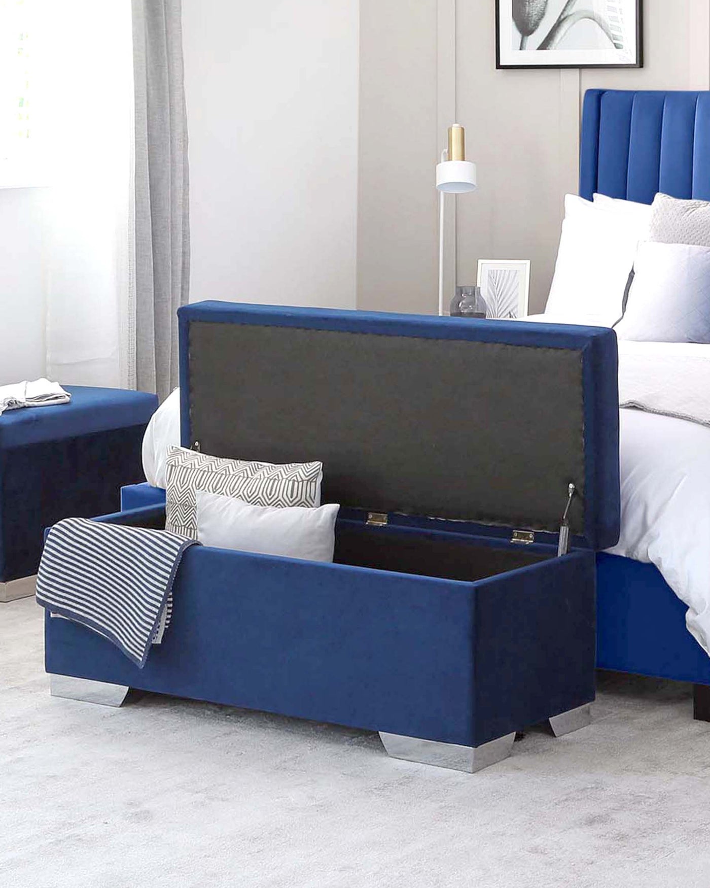 lena velvet ottoman storage bench navy blue