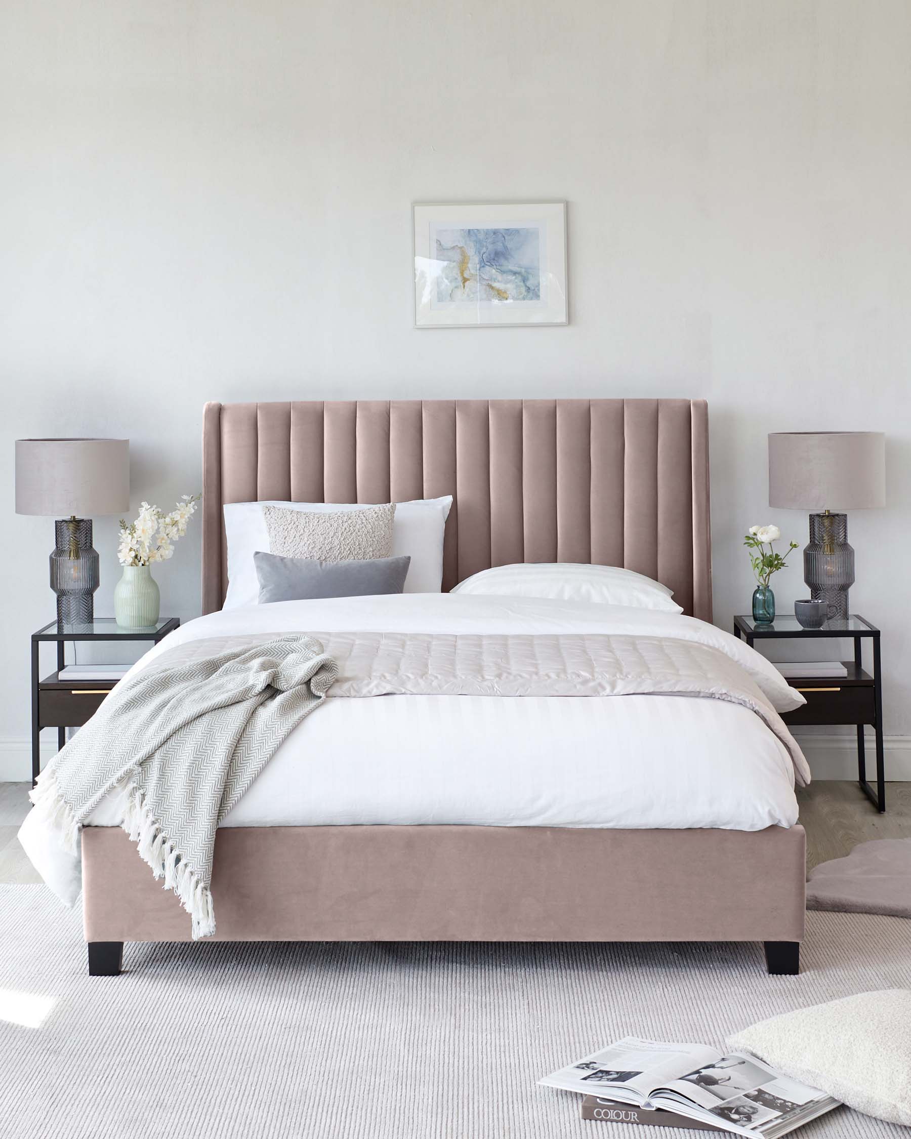 amalfi velvet king size bed with storage blush pink