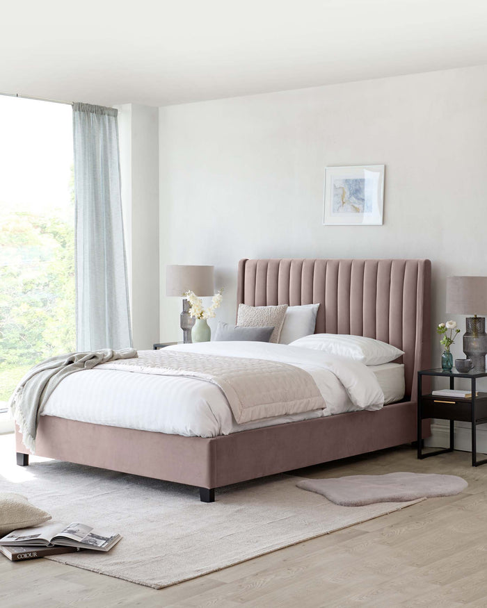 Elegant contemporary bedroom furniture featuring a king-size bed with a tufted headboard in a soft blush fabric, wooden frame with dark legs, dressed with crisp white bedding, and assorted plush pillows. A bedside table with a simple black metal frame and wooden tabletop appears to the right.
