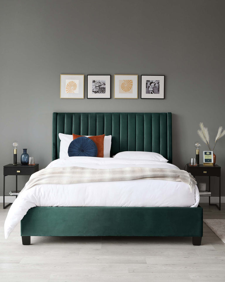 Emerald green upholstered bed with a tufted headboard and two black nightstands with glass tops and lower shelves.