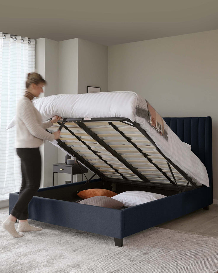 amalfi fabric double bed with storage navy