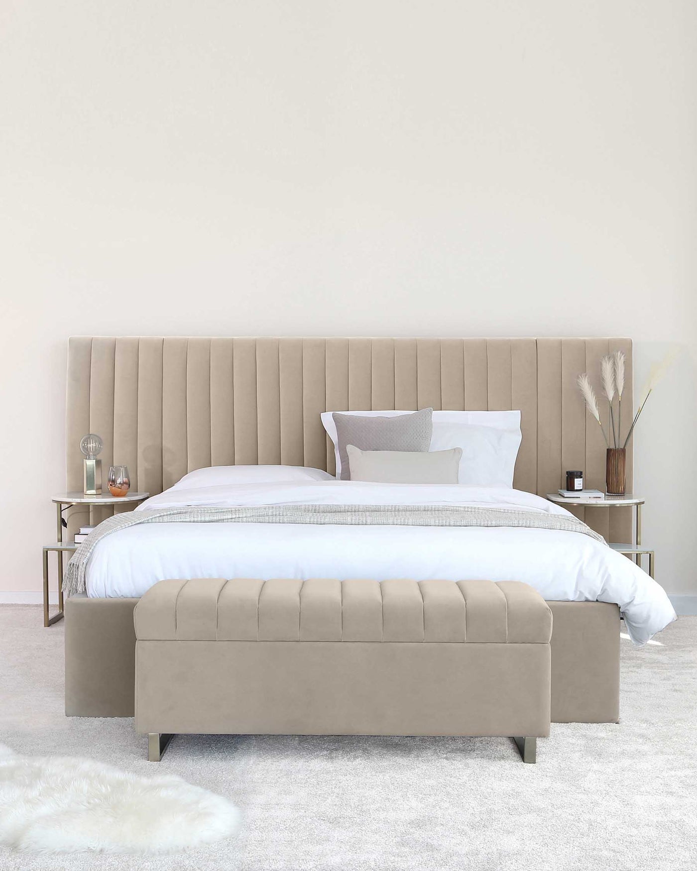 Elegant bedroom furniture featuring a large upholstered bed with a plush, tufted headboard and matching bench at the foot. The bed is dressed in crisp white bedding with a textured throw and a single decorative pillow. Flanking the bed are two modern, minimalistic nightstands with metal frames holding lamps and decorative items. The neutral colour palette creates a serene and sophisticated atmosphere.