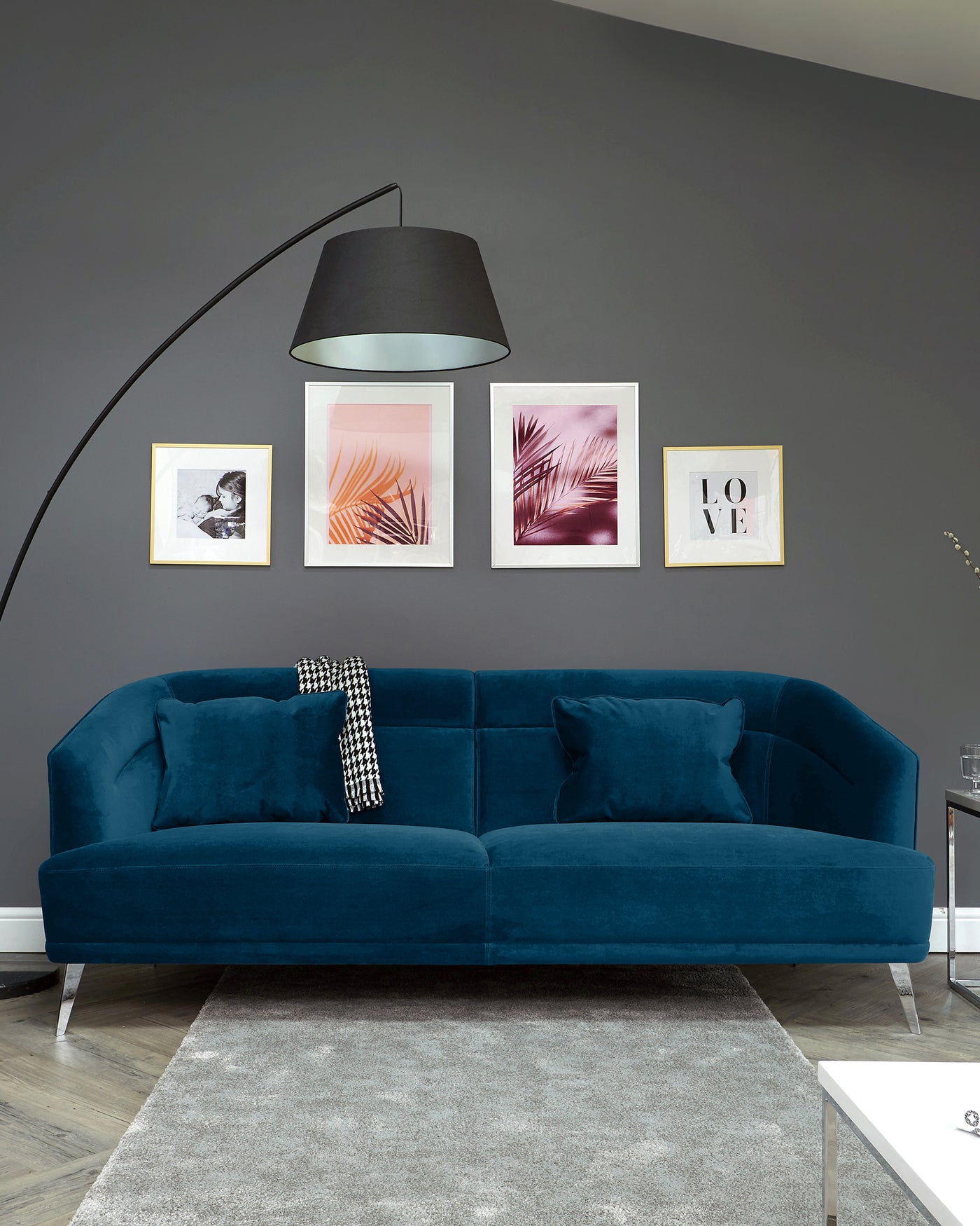 Amber Dark Blue Velvet With Chrome Leg 3 Seater Sofa