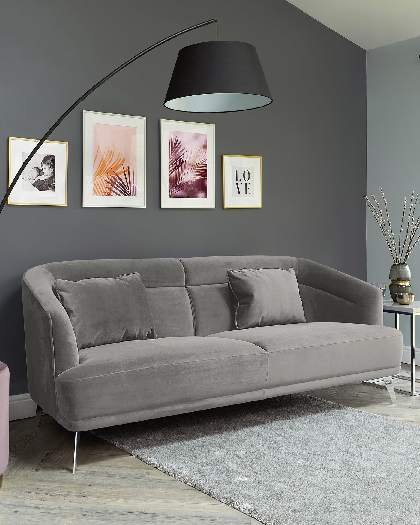 Amber Light Grey Velvet With Chrome Leg 3 Seater Sofa