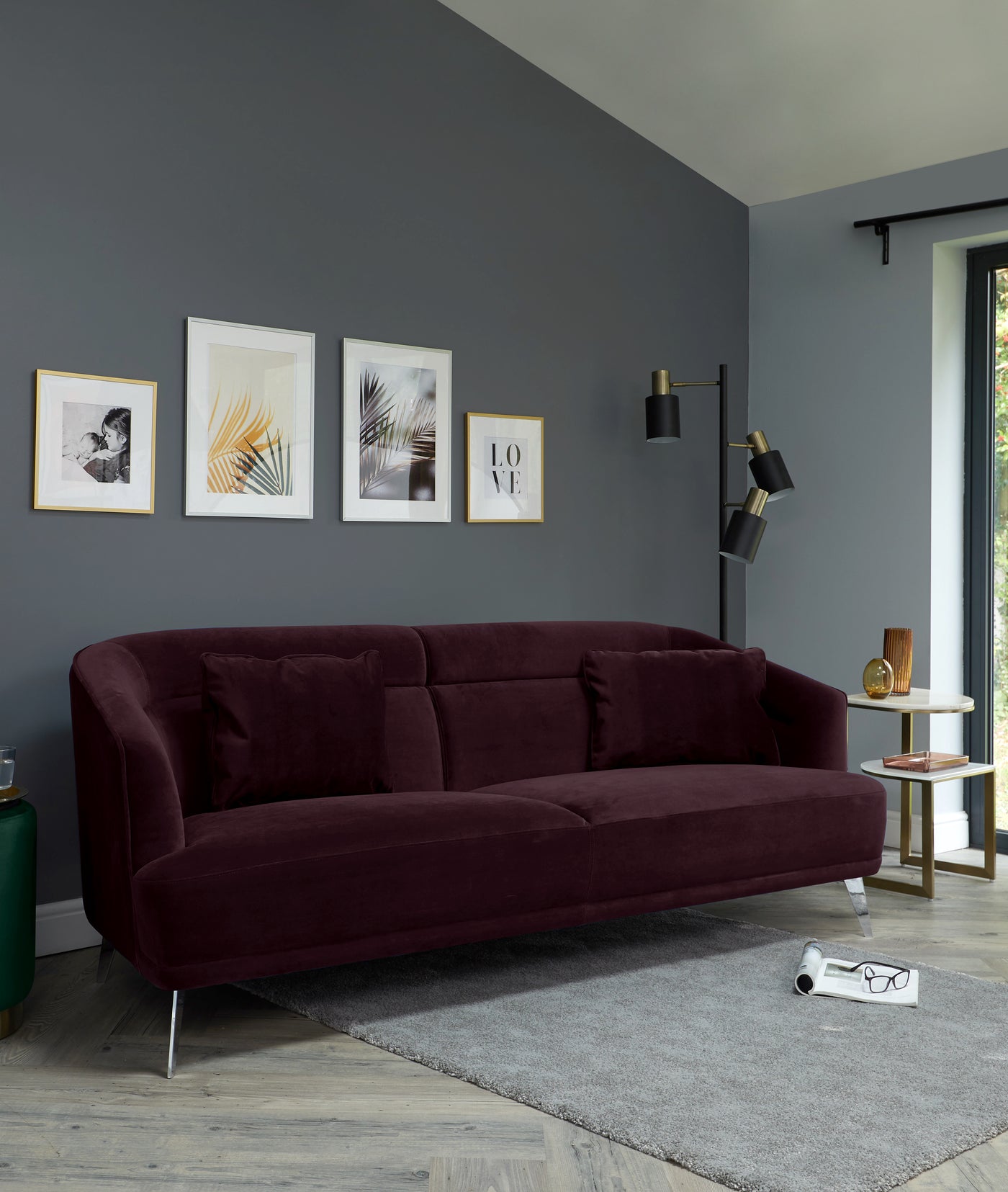 Amber Grape Velvet With Chrome Leg 3 Seater Sofa