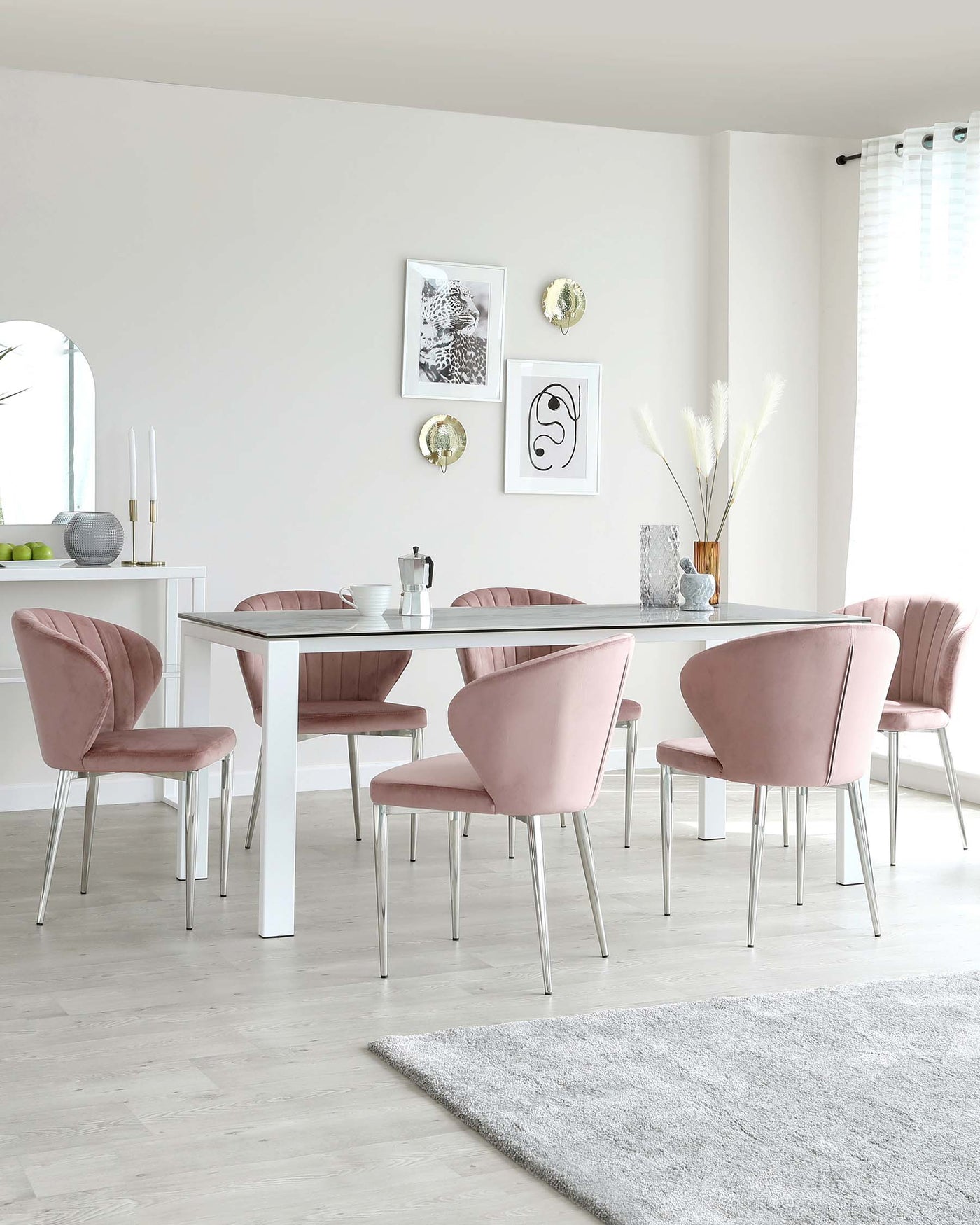 Anton Marbled Ceramic Table and Harper Pink Velvet 6 Seater Dining Set