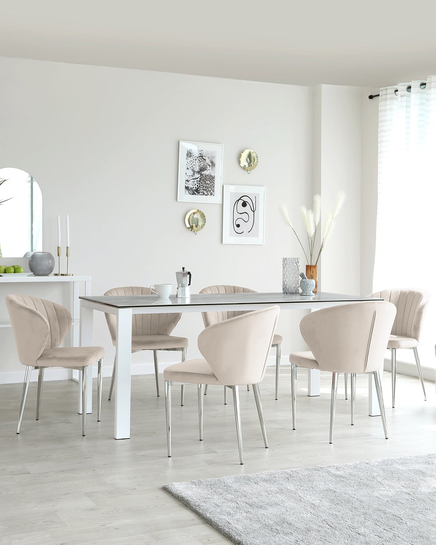 Anton Marbled Ceramic Table and Harper Champagne Velvet 6 Seater Dining Set