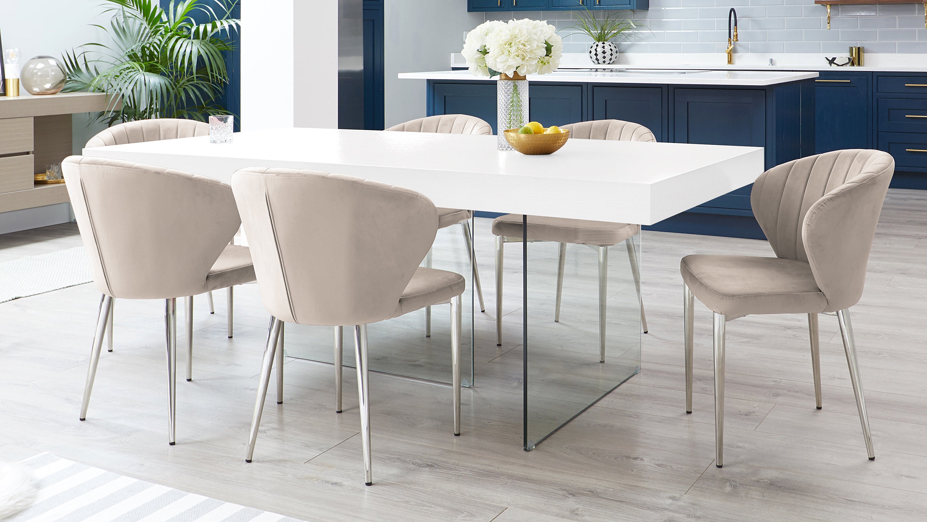 Aria White Oak And Harper Champagne Velvet Dining Chairs