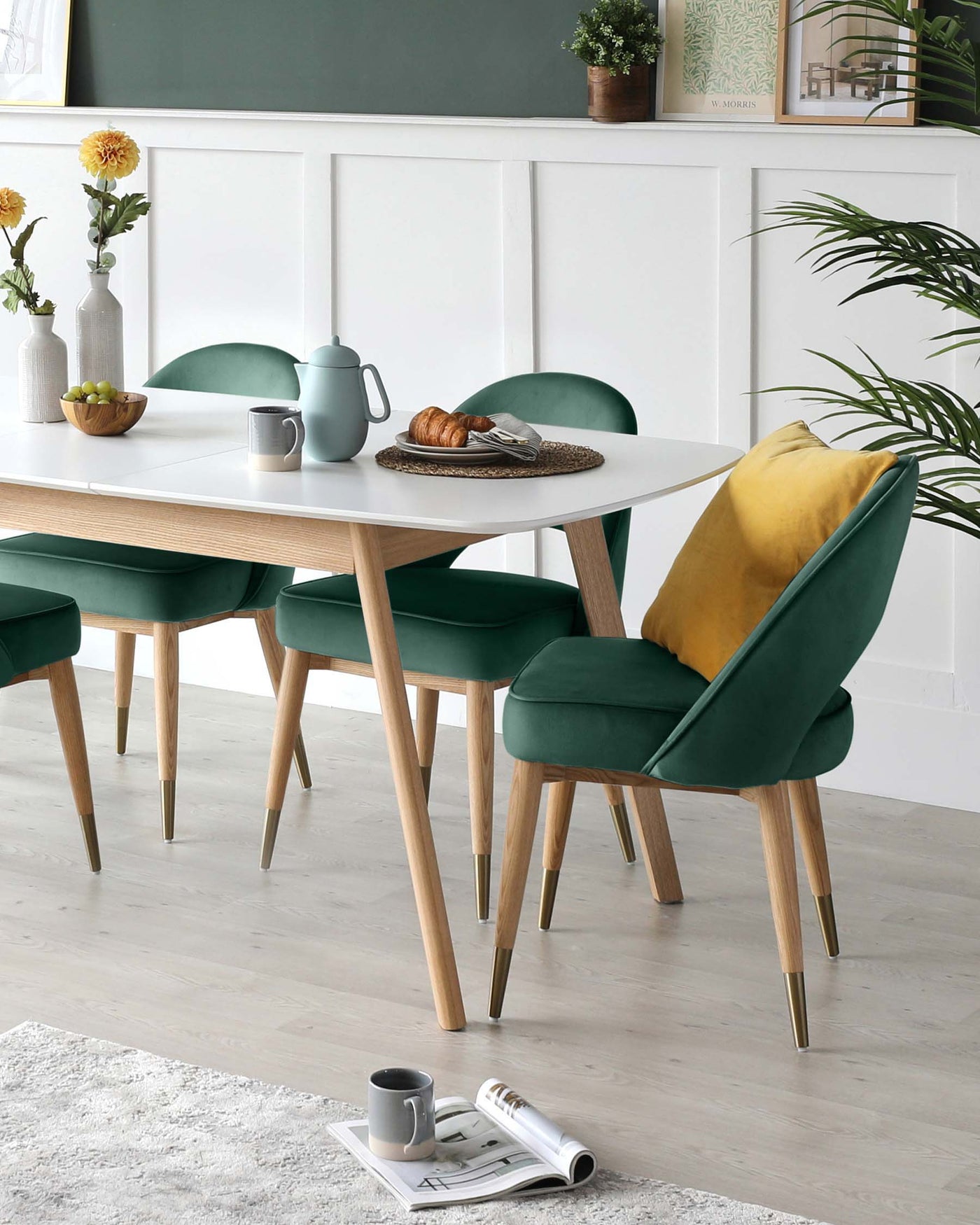Clover Dark Green Velvet Dining Chair with Light Wood Leg- Set of 2