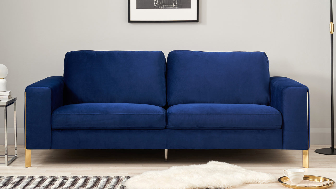 Effie Dark Blue Velvet With Polished Brass 3 Seater Sofa