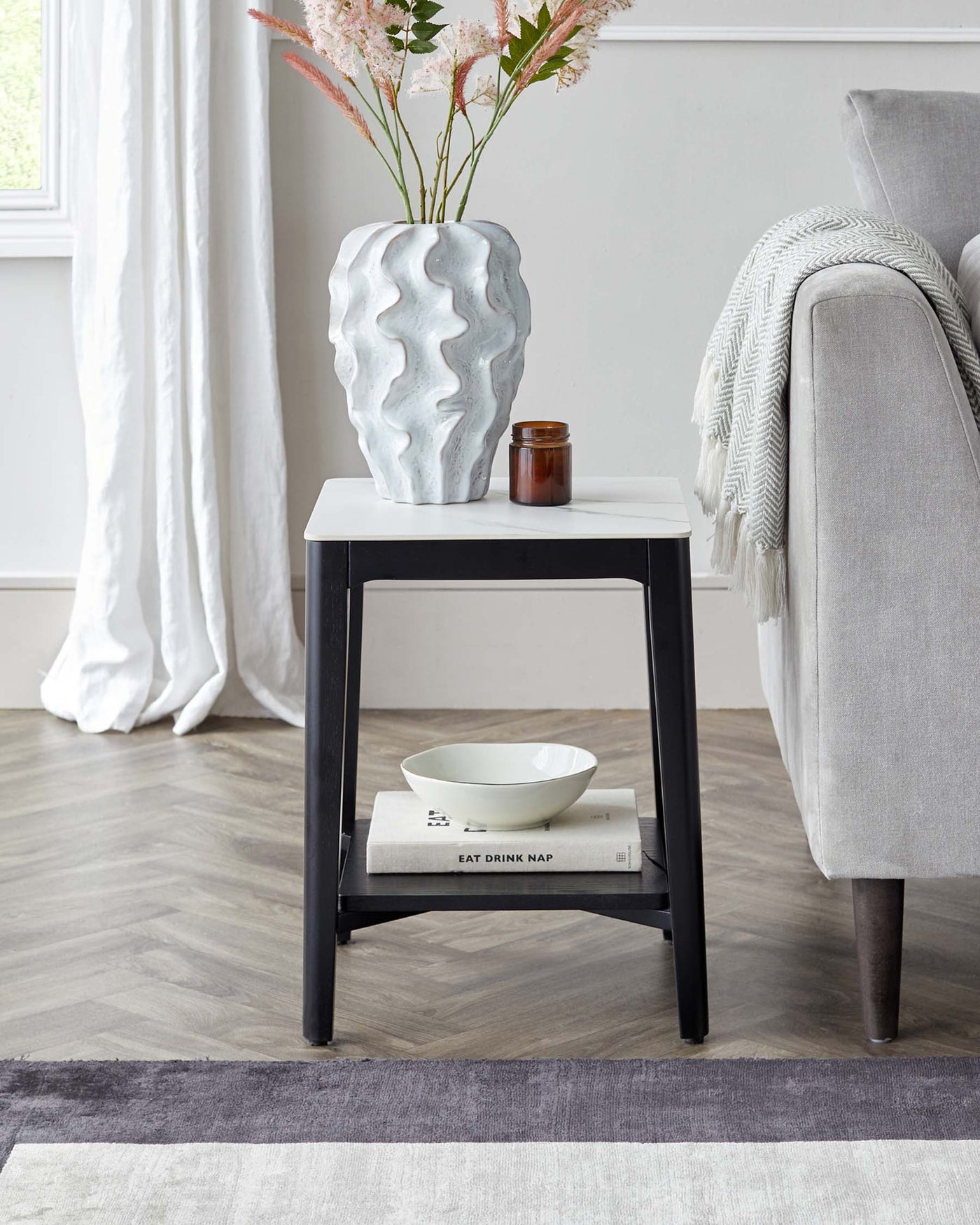 Banks White Marbled Ceramic With Black Wood Side Table