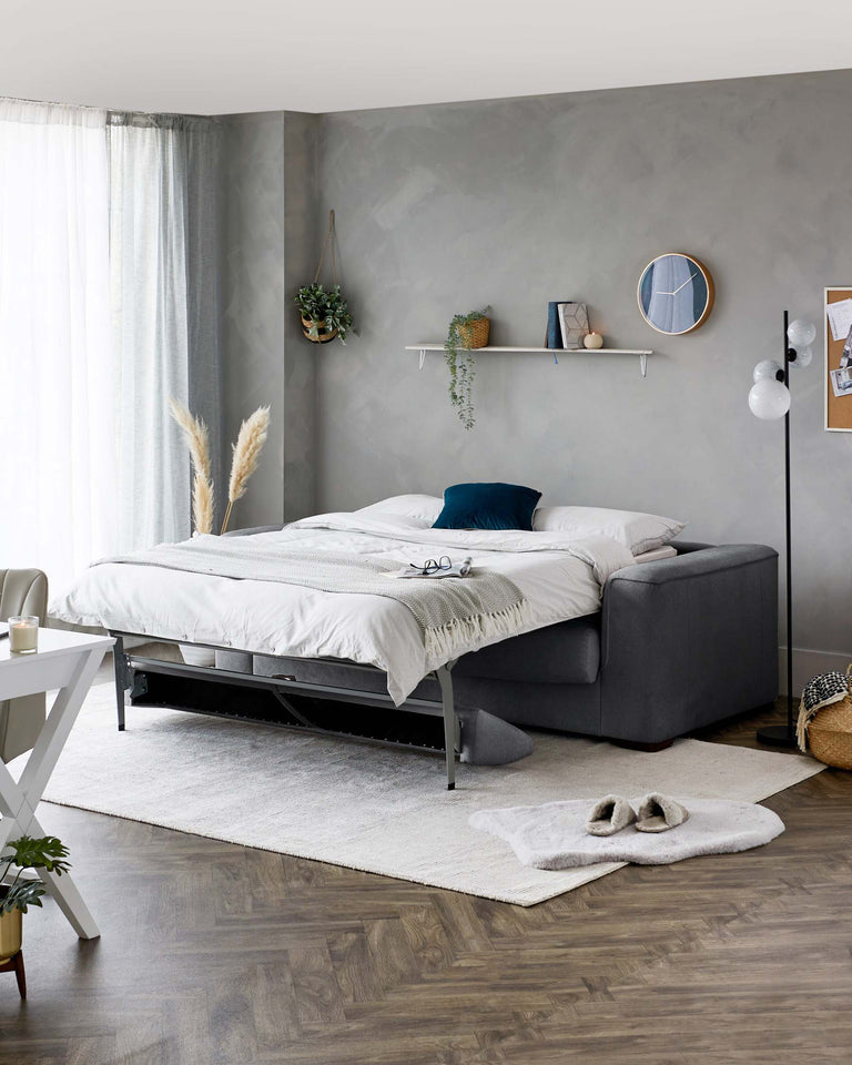 Minimalist modern bedroom featuring a large grey upholstered platform bed with a white bedding set and a dark throw blanket at the foot. Beside the bed, there's a sleek black floor lamp. A simple white wall-mounted shelf holds decorative items above the bed, complemented by a round mirror with a golden frame and a wall-hanging plant. A cosy white area rug is centred under the bed, with a plush mat and slippers nearby, enhancing the inviting ambiance.