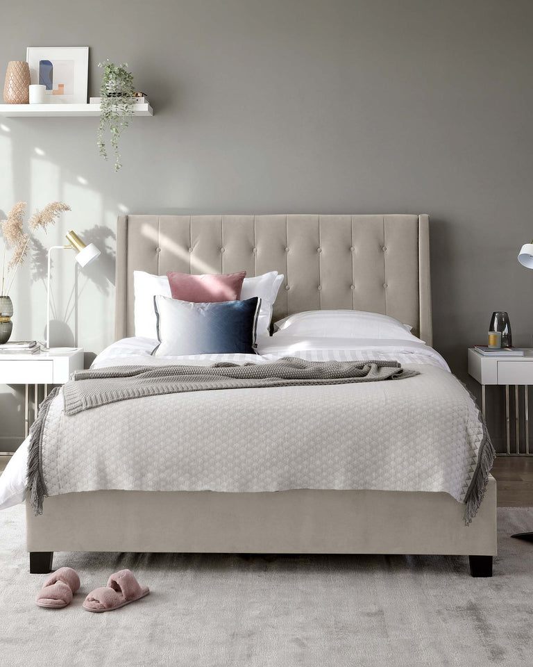 Elegant upholstered queen bed with a tufted headboard in a neutral beige colour, featuring clean lines and a sophisticated silhouette. Coordinated bedding in white and shades of blue, with accent pillows, adds a touch of colour and comfort.