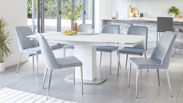 Camillo White Extending Table With Bay Velvet Dining Chairs