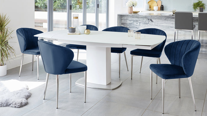 Camillo White Extending Table With Harper Sapphire Blue Velvet Chairs