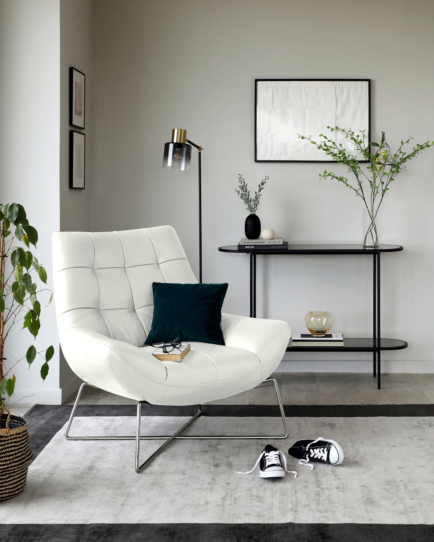 Canio White Leather And Brushed Steel Occasional Armchair