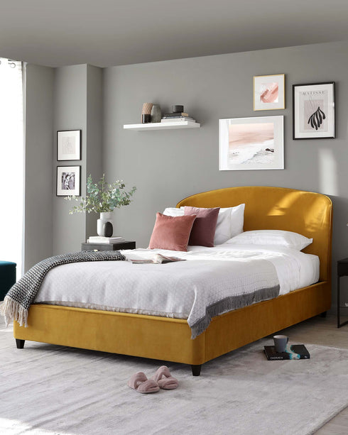 Carina Mustard Yellow Velvet Double Bed with Storage