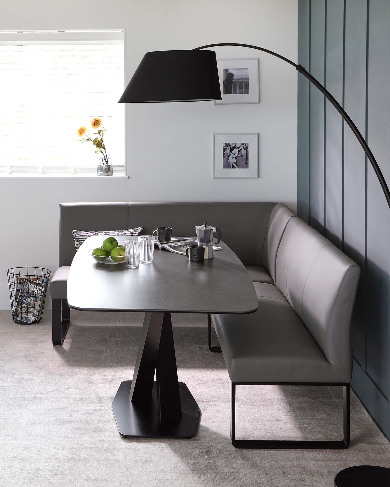 Loop 5 Seater Mid Grey Faux Leather Right Hand Corner Dining Bench – Danetti