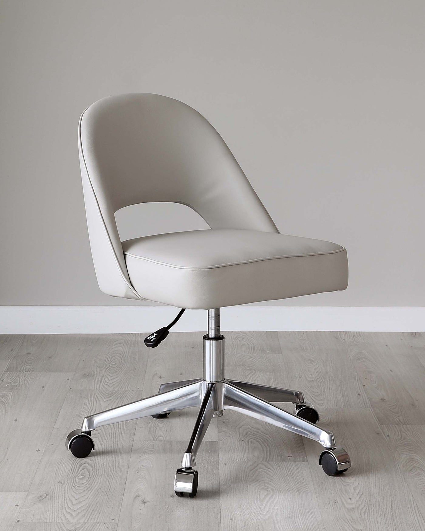Modern office chair with a sleek design, featuring a high back, gently curved seat in a light grey upholstery, and a chrome five-star base with caster wheels for easy mobility.