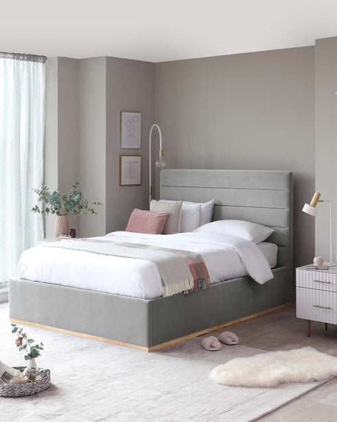 cora velvet super king size bed with storage light grey