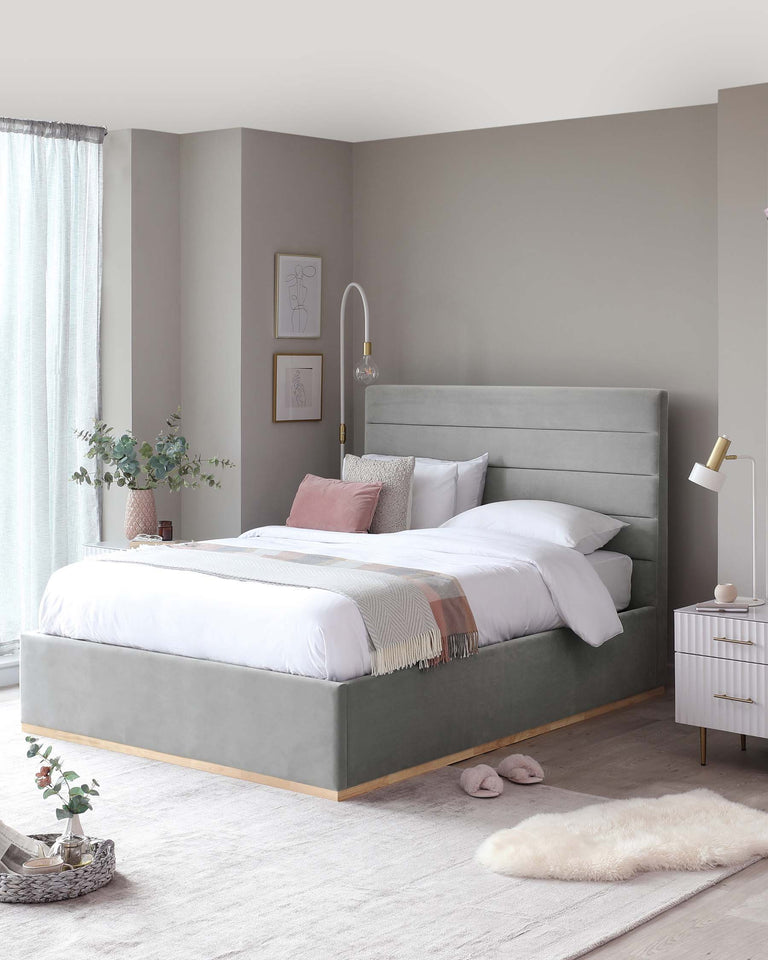 Elegant bedroom showcasing a large, contemporary upholstered bed frame with a grey headboard, flanked by a modern white bedside table with gold accents. A plush, creamy area rug lies on the floor by the bed.