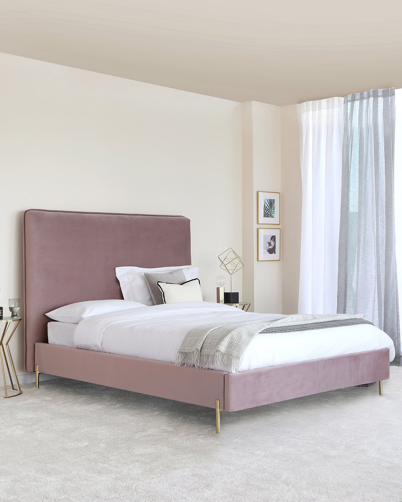 Darcy Blush Pink Velvet With Brass Leg King Size Bed