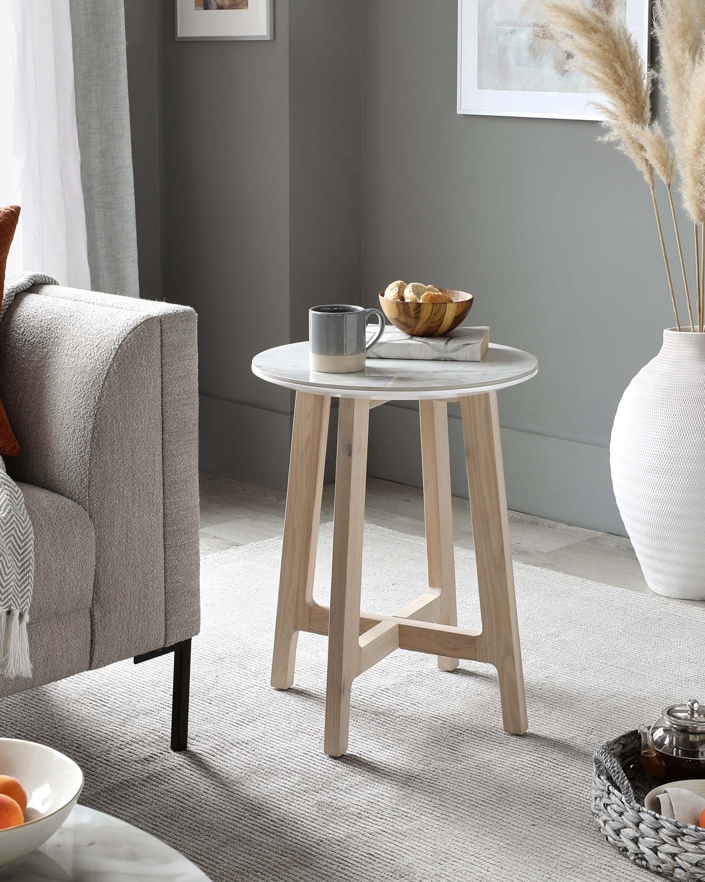 Davies Round Marbled Ceramic and Light Oak Side Table
