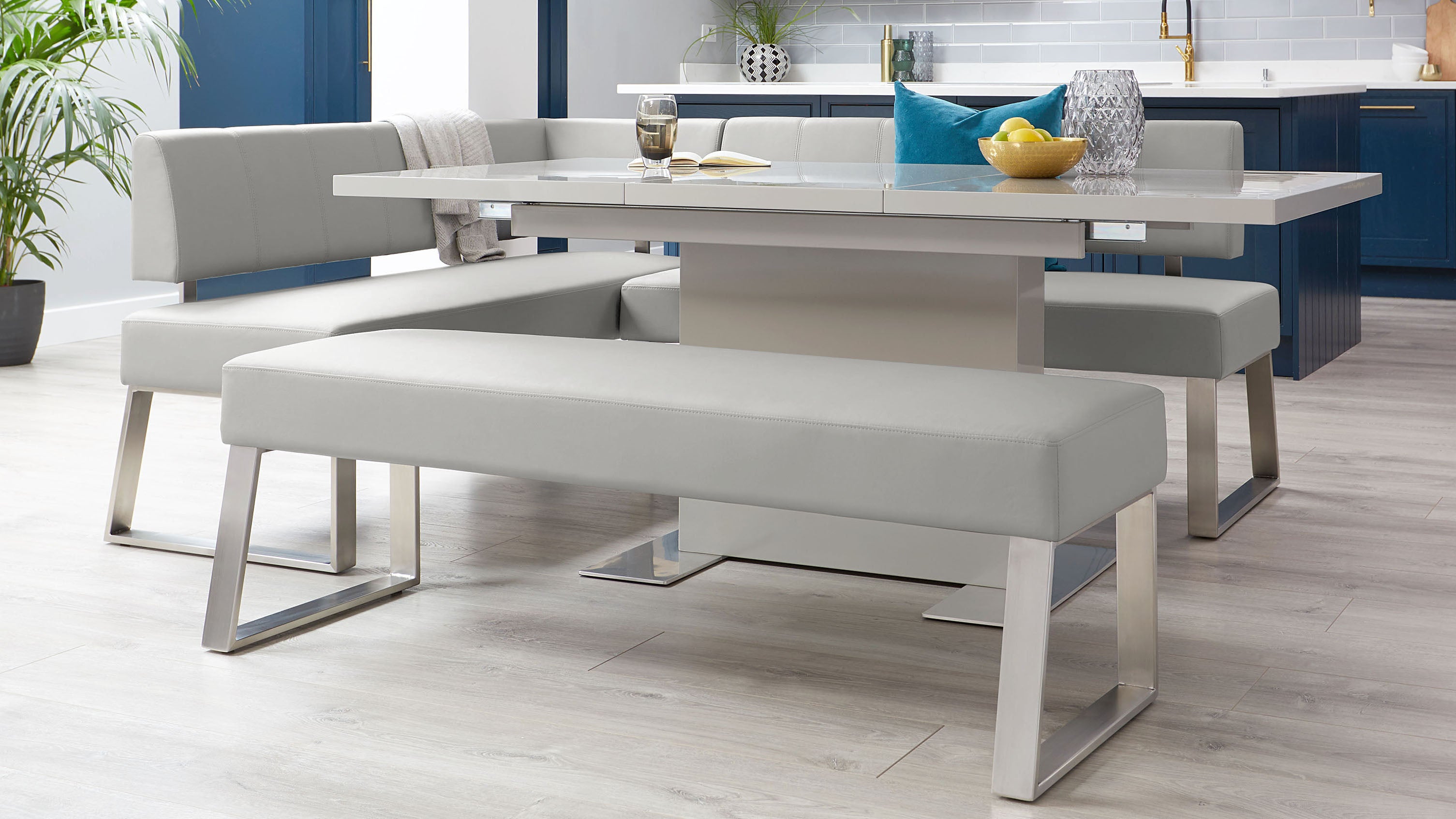 Sanza Grey Gloss And Dover 5 Seater Right Hand Dining Bench Set