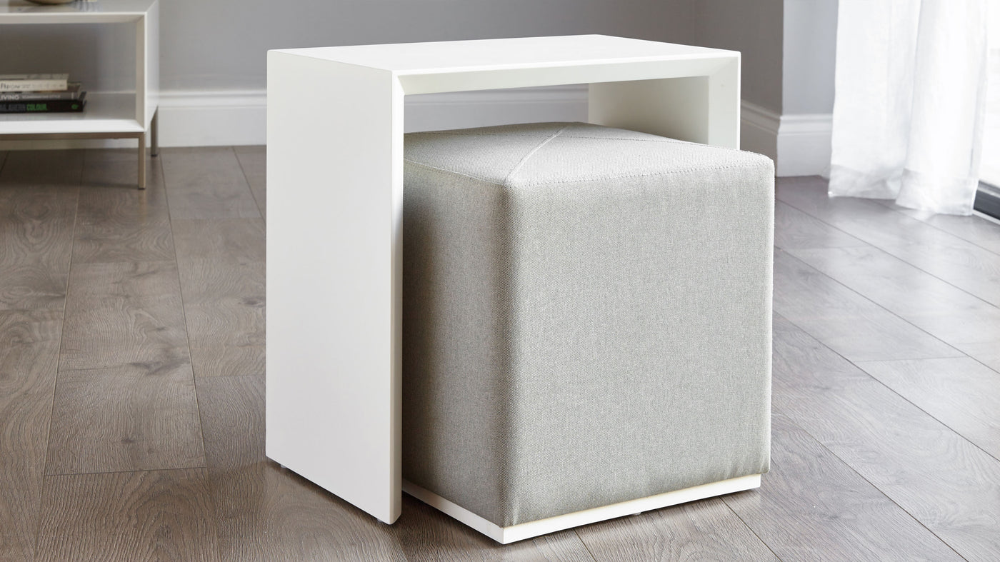 Duo White Gloss Side Table And Silver Grey Fabric Stool Set