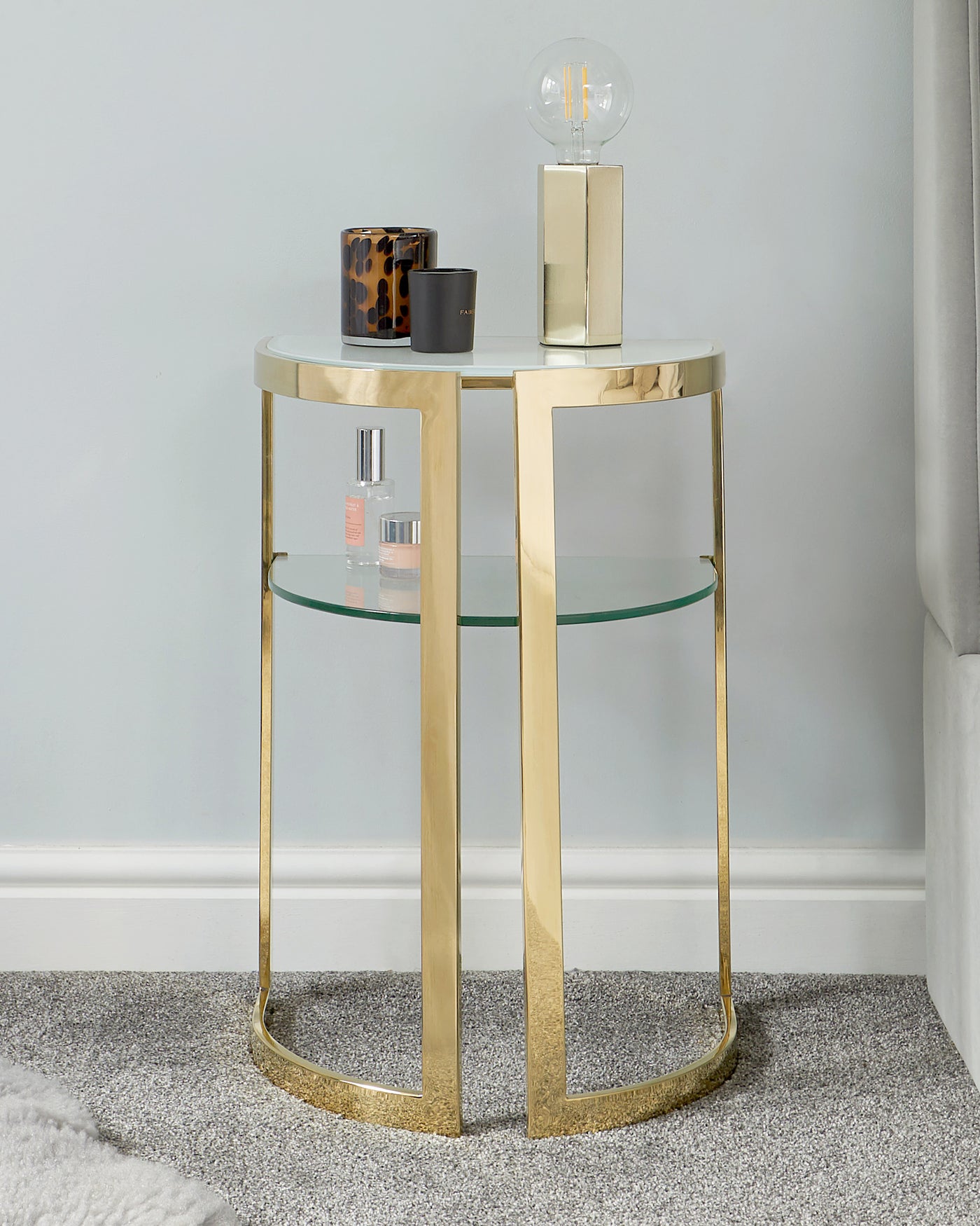eclipse white glass and brass side table