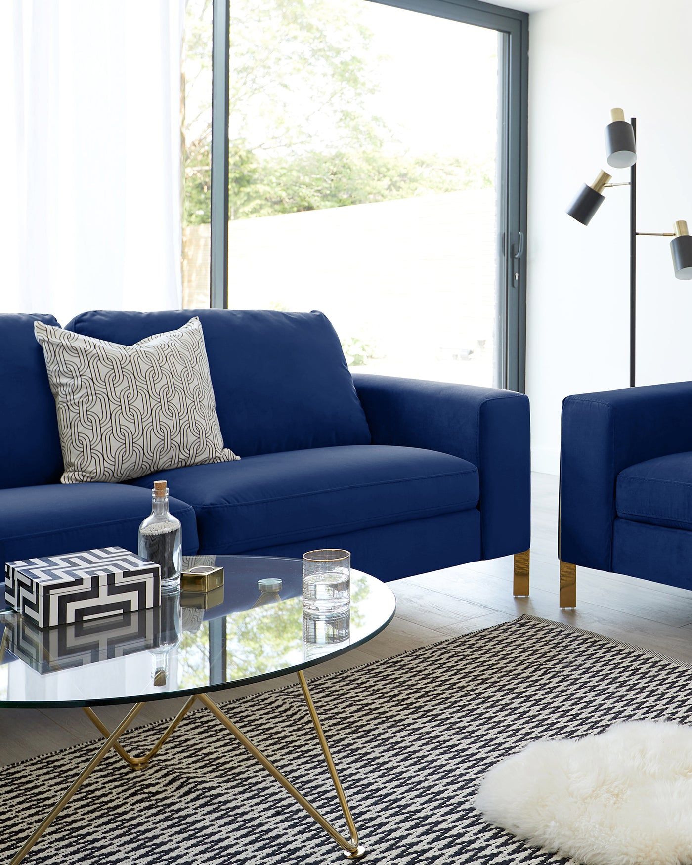 Effie Dark Blue Velvet With Polished Brass 3 Seater Sofa