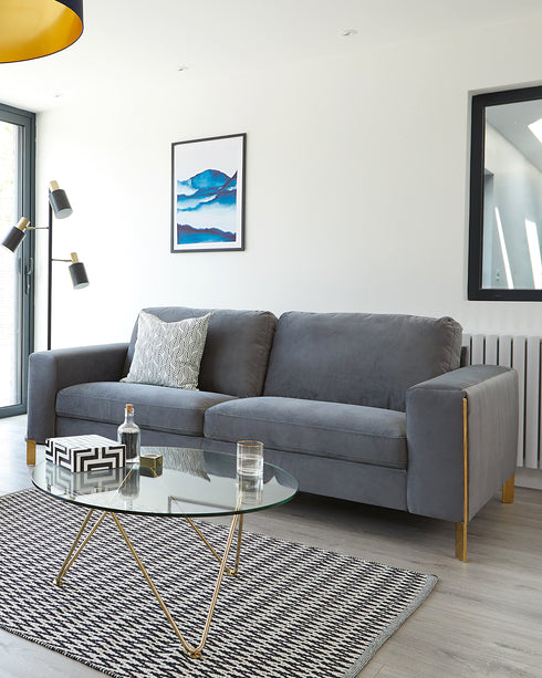Effie Dark Grey Velvet With Polished Brass 3 Seater Sofa