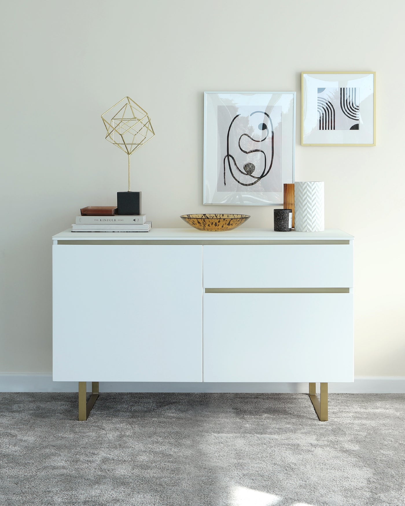 Elton Matt White Frosted Glass And Brass Sideboard