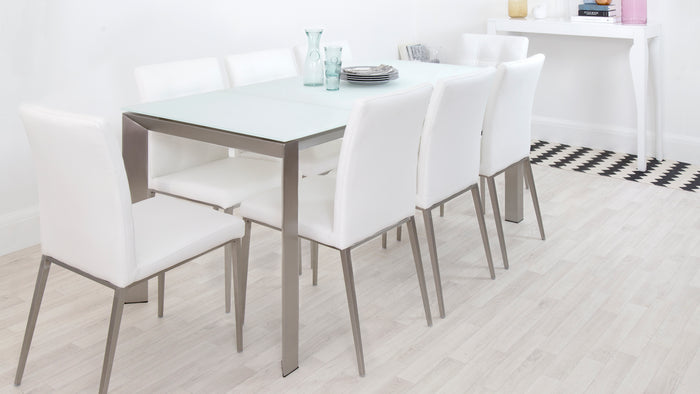 Eve White Frosted Glass With Brushed Stainless Steel And Moda Extending Dining Set