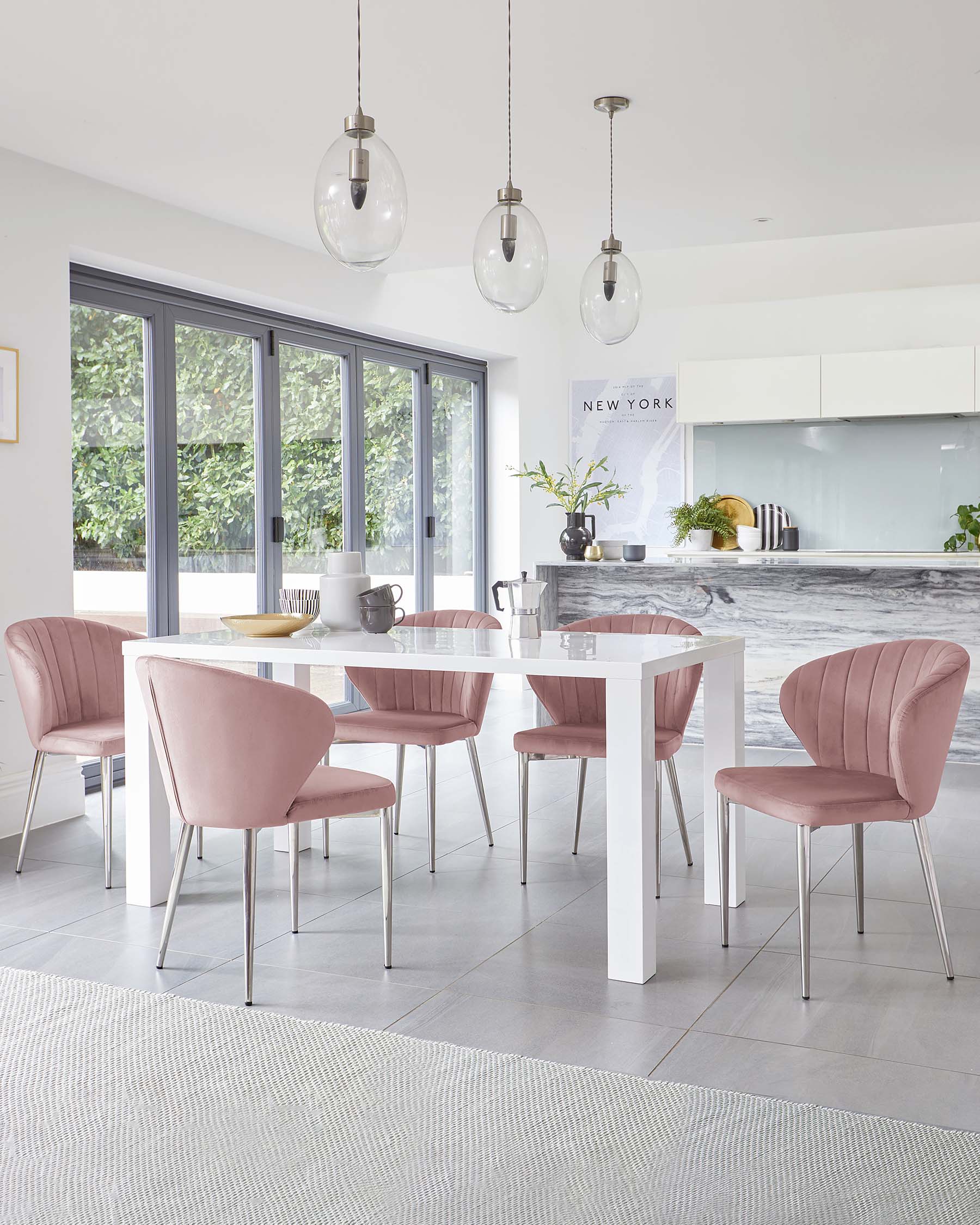 Fern White Gloss And Harper Pink Velvet 6 Seater Dining Set