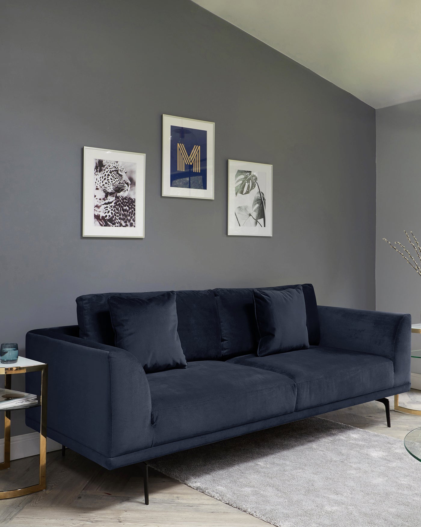 Florence Dark Blue Velvet With Black Leg 3 Seater Sofa
