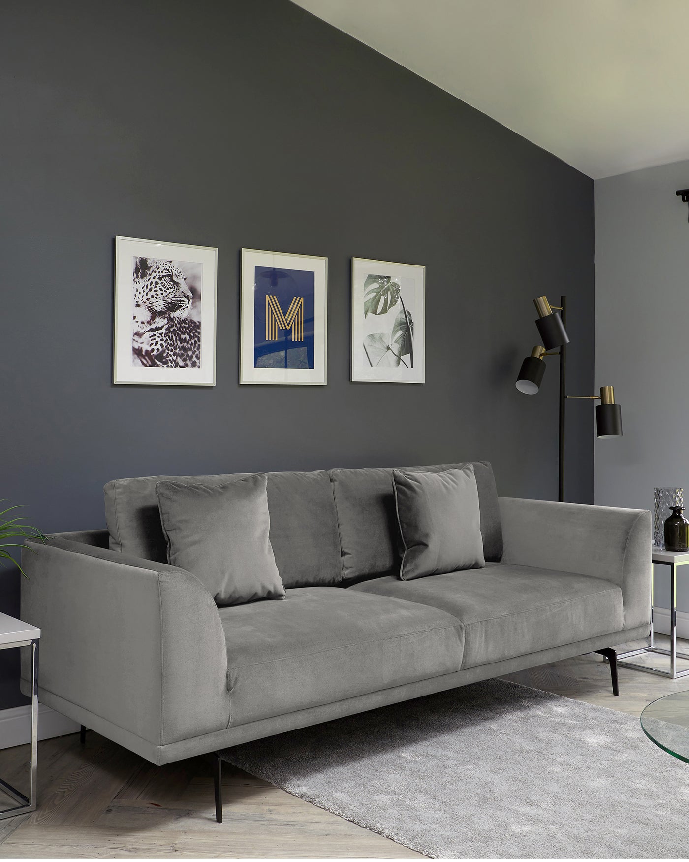Florence Light Grey Velvet With Black Leg 3 Seater Sofa