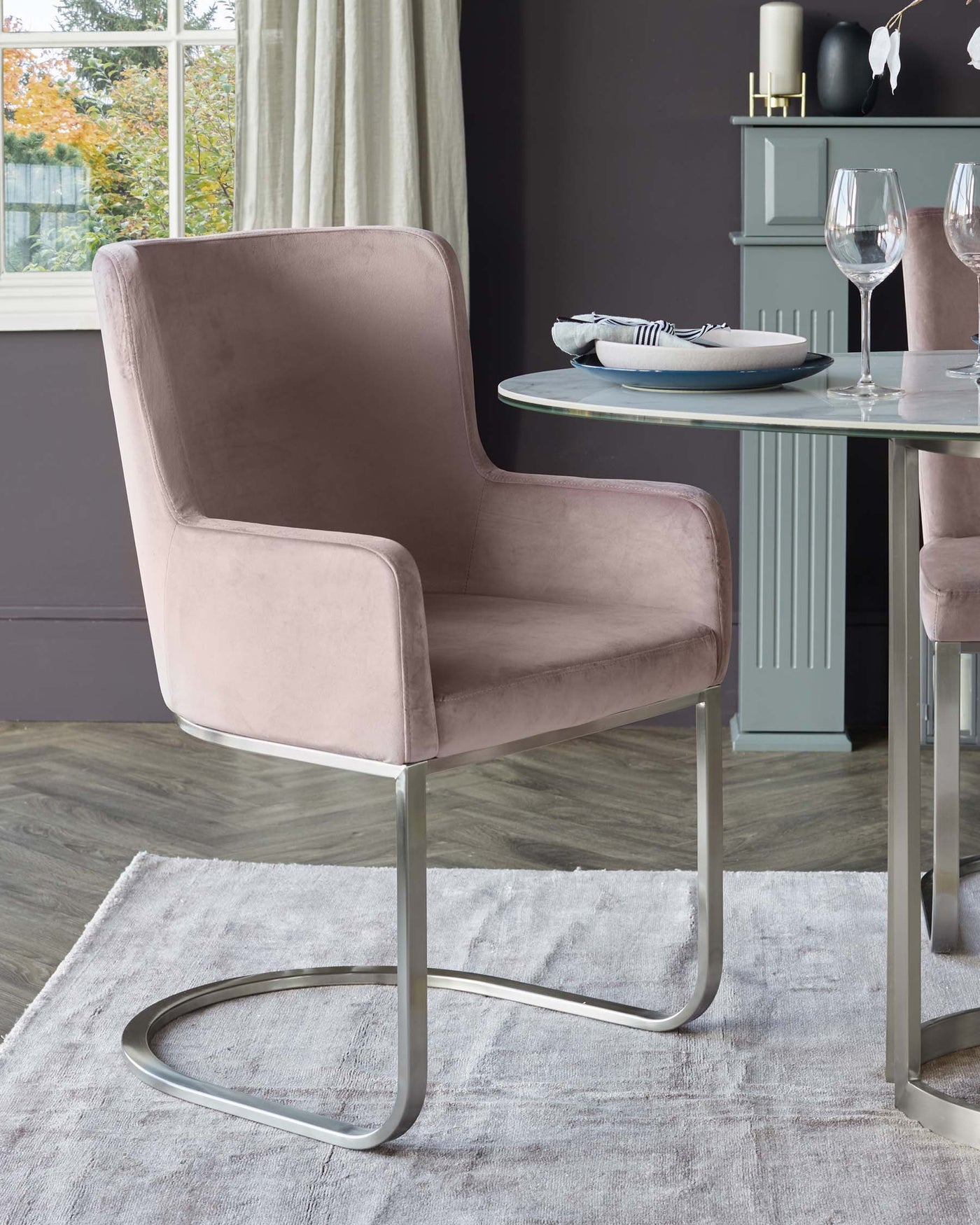 Form Blush Pink Velvet And Brushed Steel Cantilever Dining Armchair  - Set Of 2