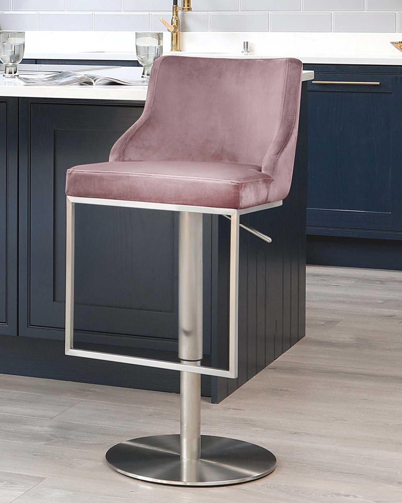 Form Blush Pink Velvet And Stainless Steel Gas Lift Bar Stool