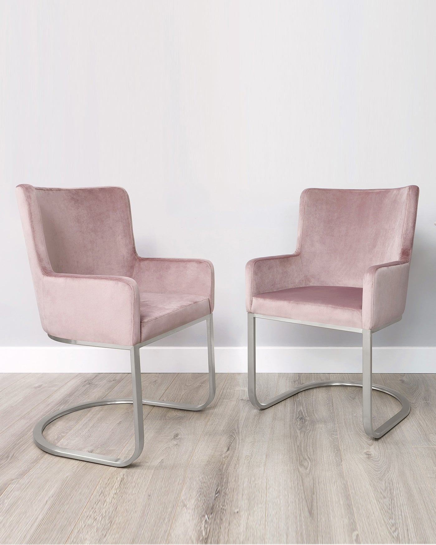Form Blush Pink Velvet And Brushed Steel Cantilever Dining Armchair  - Set Of 2
