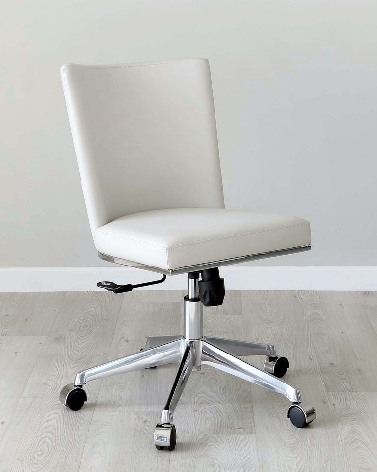 Modern white leather office chair with a high backrest, cushioned seat, and chrome base on wheels with height adjustment lever.