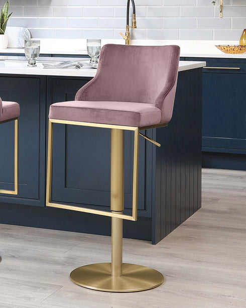 form velvet and brass gas lift bar stool blush pink