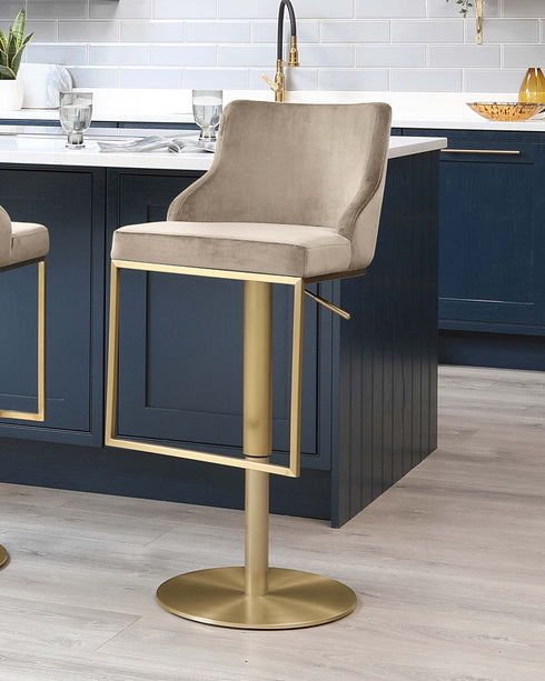 form velvet and brass gas lift bar stool champagne