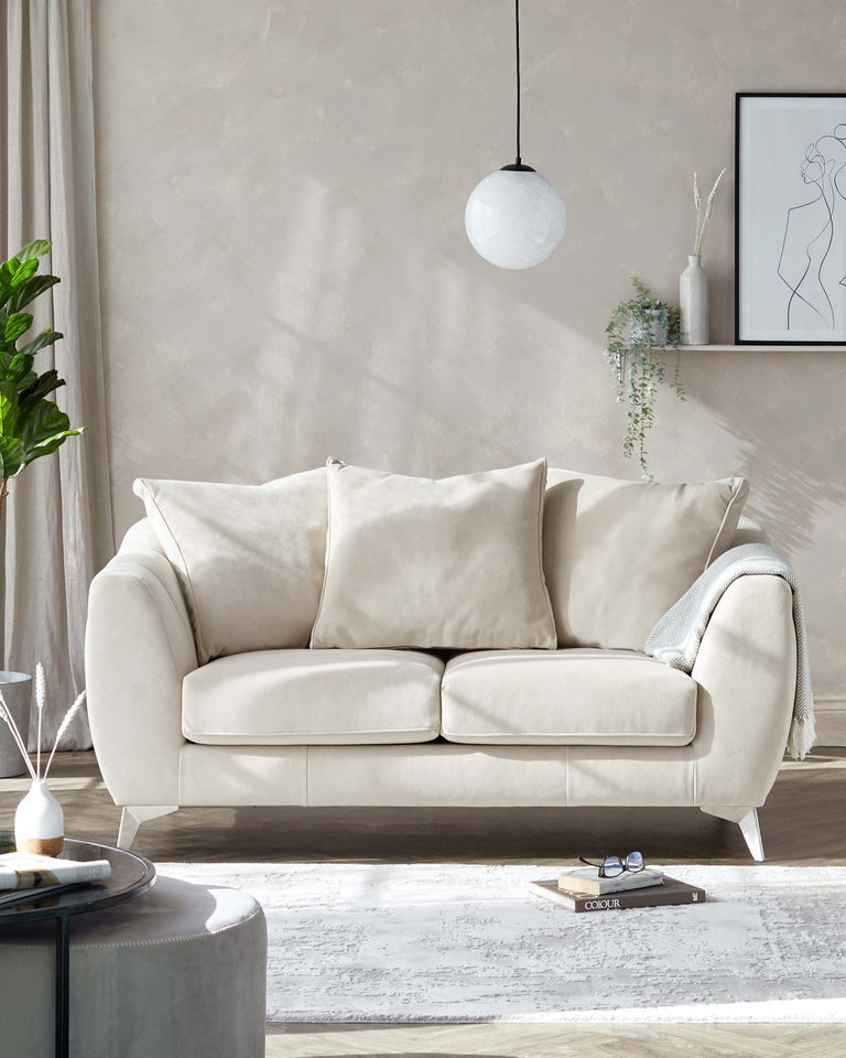 Elegant contemporary three-seater sofa with plush beige upholstery, featuring a curved silhouette, three large comfortable back cushions, and minimalist white legs. A cosy grey throw blanket is casually draped on one side. The living space also includes a round, marble-top side table with black metallic legs and stylish decorative objects.